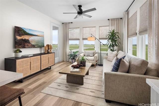 living area featuring light wood-style flooring and a ceiling fan