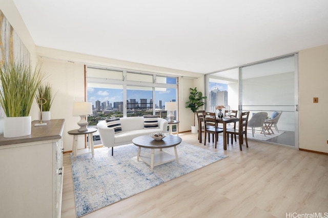 living area featuring a wealth of natural light, a city view, and wood finished floors