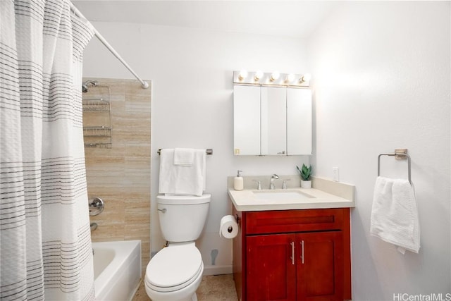 full bathroom with shower / bath combination with curtain, toilet, vanity, and baseboards