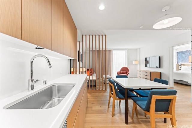 kitchen with a sink, light wood-type flooring, modern cabinets, and open floor plan