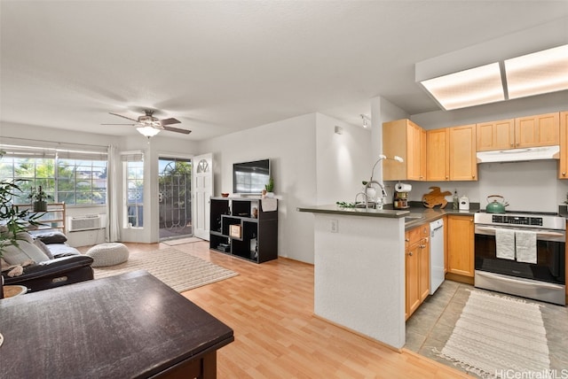 kitchen featuring under cabinet range hood, open floor plan, light brown cabinetry, dishwasher, and stainless steel electric range