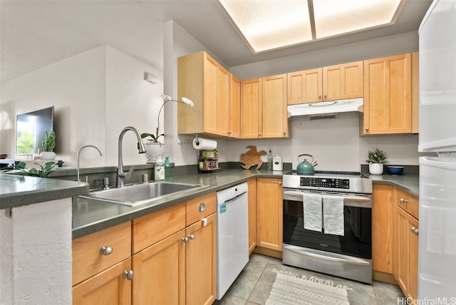 kitchen with under cabinet range hood, light brown cabinetry, dishwasher, stainless steel electric range oven, and a sink