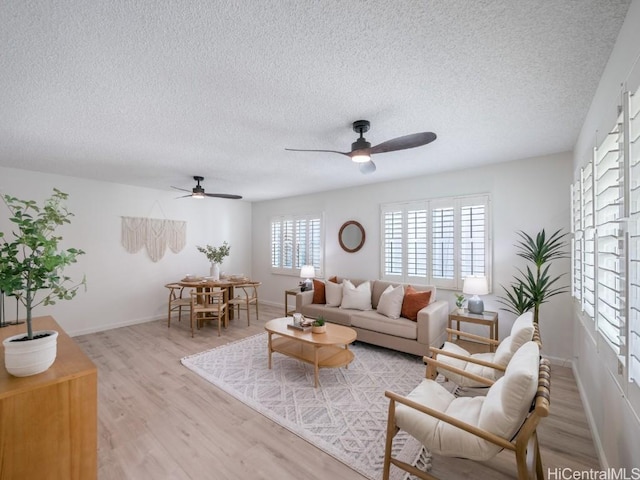 living area featuring light wood finished floors, a textured ceiling, and ceiling fan