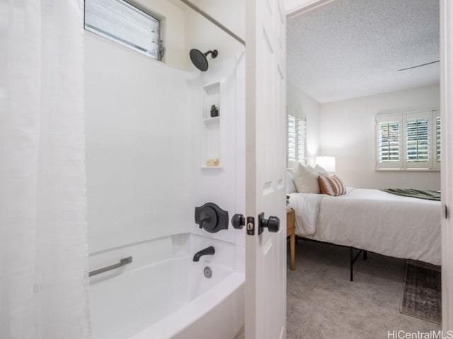 bathroom with plenty of natural light, connected bathroom, a textured ceiling, and shower / bath combo with shower curtain