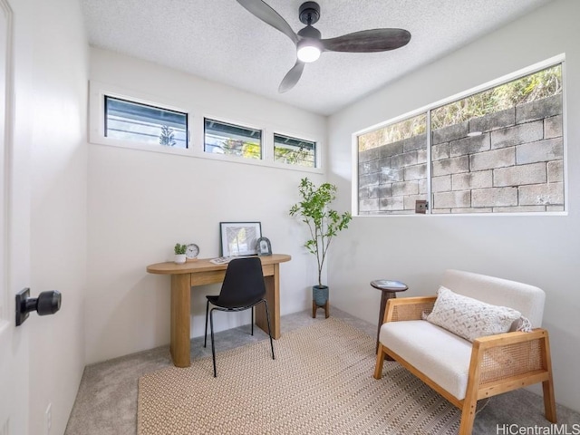 carpeted office space with a textured ceiling and a ceiling fan