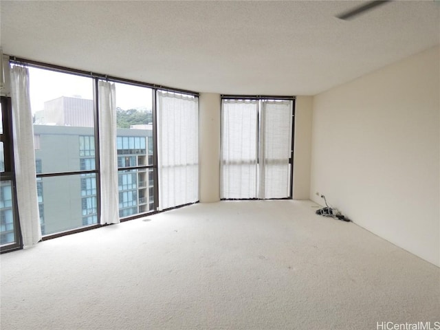 carpeted empty room featuring floor to ceiling windows and a textured ceiling