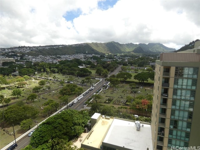 birds eye view of property featuring a mountain view