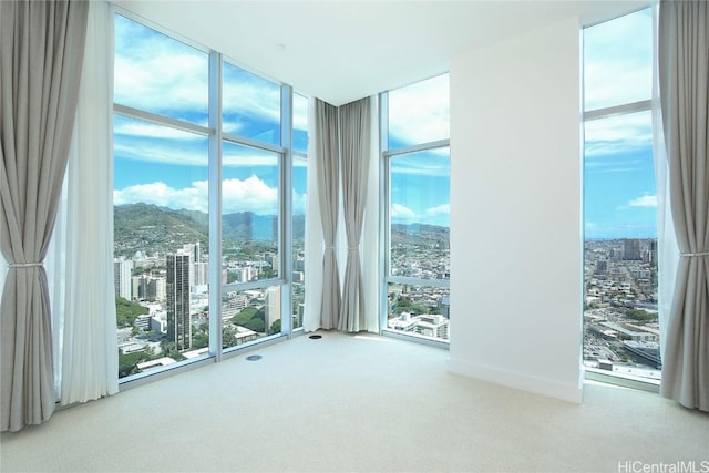 spare room with carpet floors, a mountain view, a view of city, and expansive windows