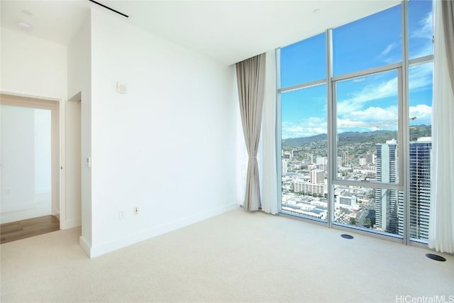 carpeted spare room with a wall of windows, baseboards, and a view of city