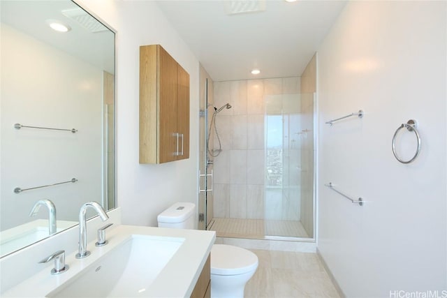 full bathroom featuring visible vents, toilet, a stall shower, recessed lighting, and vanity