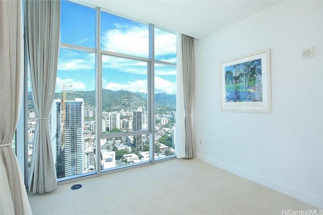 empty room featuring a view of city, a wall of windows, baseboards, and carpet floors