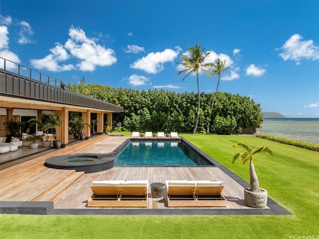 4505 Kahala Ave, Honolulu, HI 96816 - view of pool with an in ground hot tub, a deck with water view, and a lawn