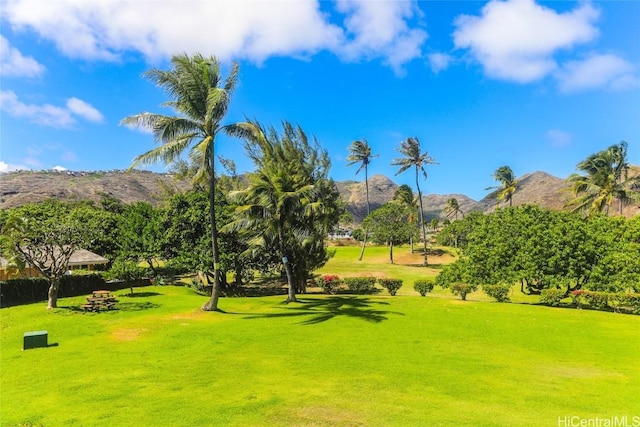 surrounding community featuring a mountain view and a lawn
