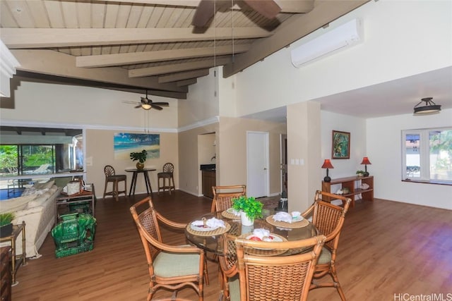 dining room with wood ceiling, wood finished floors, ceiling fan, beamed ceiling, and an AC wall unit
