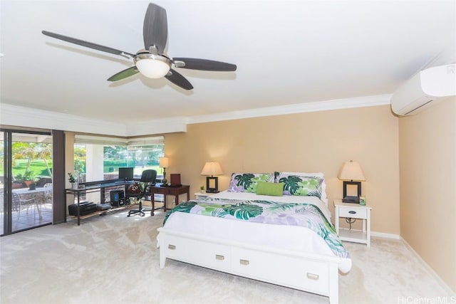 bedroom featuring a wall mounted air conditioner, crown molding, baseboards, a ceiling fan, and light carpet