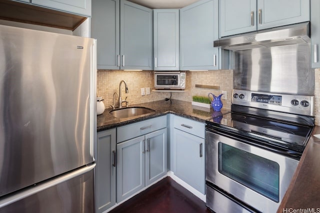 3061 Pualei Cir Unit 303, Honolulu, HI 96815 - kitchen featuring stainless steel appliances, under cabinet range hood, a sink, backsplash, and dark stone countertops