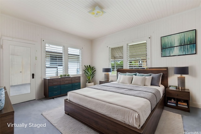 2712 Pulena Pl, Honolulu, HI 96822 - bedroom featuring light carpet, wood walls, and ornamental molding