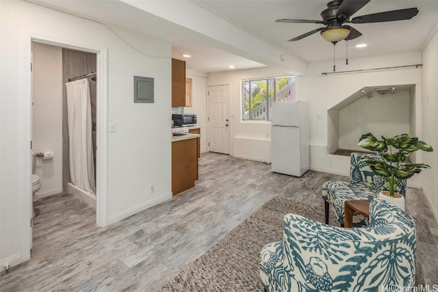 living room with ornamental molding, electric panel, light wood-style floors, baseboards, and ceiling fan