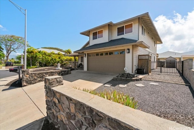 view of front of house with cooling unit, concrete driveway, an attached garage, and fence