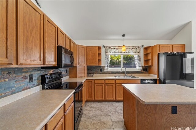 48 Kuuhale Pl, Kahului, HI 96732 - kitchen with black appliances, open shelves, a sink, tasteful backsplash, and light countertops