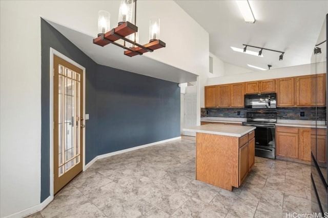48 Kuuhale Pl, Kahului, HI 96732 - kitchen featuring brown cabinets, a kitchen island, black appliances, light countertops, and tasteful backsplash