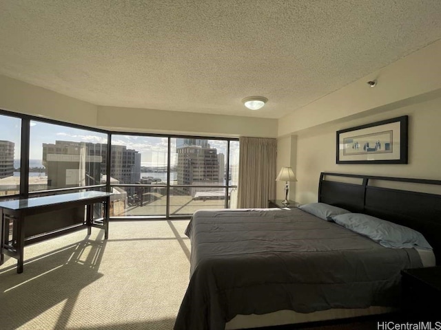 bedroom with a view of city, carpet floors, and a textured ceiling