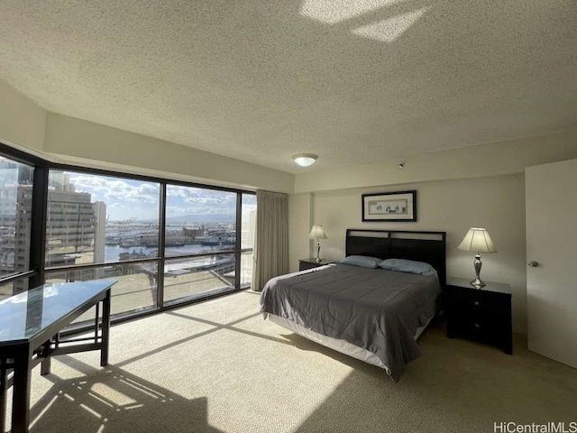 carpeted bedroom with access to exterior, a water view, and a textured ceiling