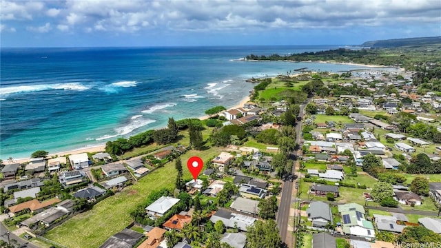 birds eye view of property featuring a residential view and a water view