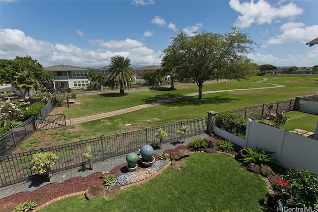 view of home's community with a lawn and a fenced backyard