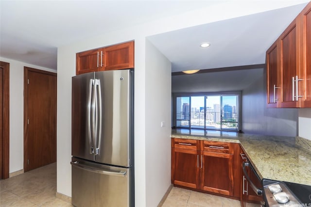 1350 Ala Moana Blvd Unit 3012, Honolulu, HI 96814 - kitchen featuring freestanding refrigerator, light stone countertops, light tile patterned floors, baseboards, and recessed lighting