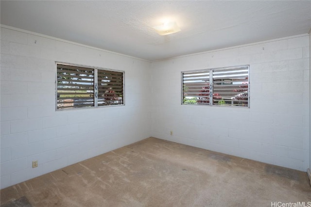 carpeted empty room with a textured ceiling and concrete block wall