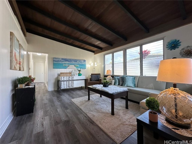 living room featuring baseboards, vaulted ceiling with beams, wooden ceiling, and dark wood-style flooring