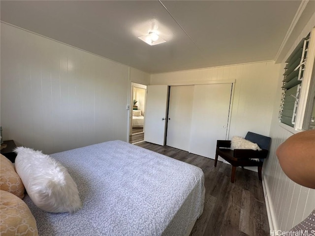 bedroom with dark wood-style floors and a closet