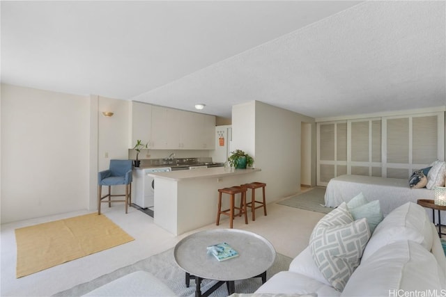 living area with washer / clothes dryer and light colored carpet