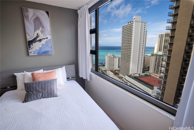 bedroom featuring multiple windows and a water view