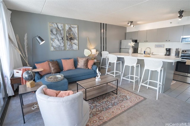 living area featuring light carpet and a textured ceiling