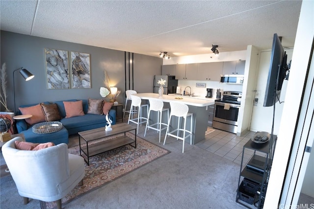 living area featuring light tile patterned flooring, light colored carpet, and a textured ceiling