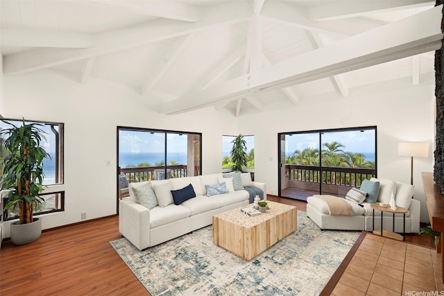 145 Maono Pl, Honolulu, HI 96821 - living room featuring beam ceiling, wood finished floors, a healthy amount of sunlight, and high vaulted ceiling