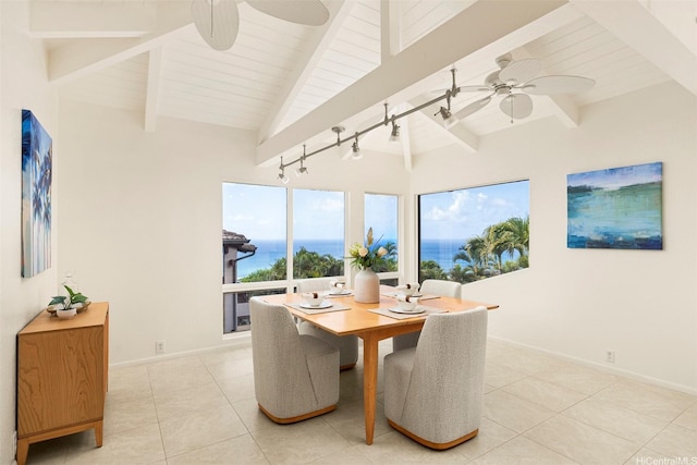 145 Maono Pl, Honolulu, HI 96821 - dining space featuring a ceiling fan, baseboards, a water view, and light tile patterned flooring