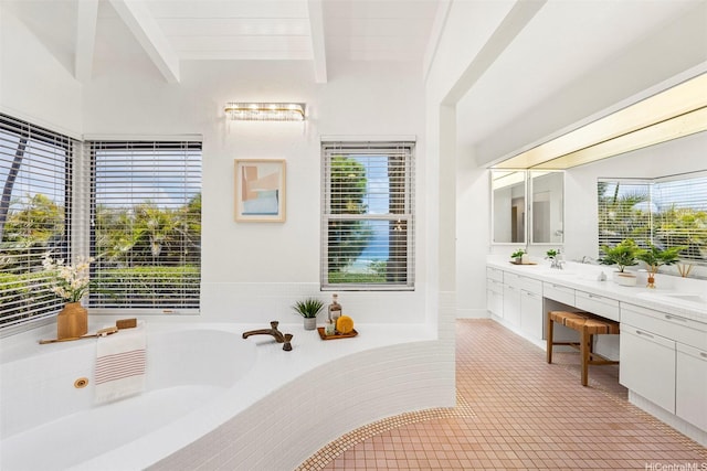 145 Maono Pl, Honolulu, HI 96821 - bathroom featuring double vanity, a bath, beam ceiling, and a sink