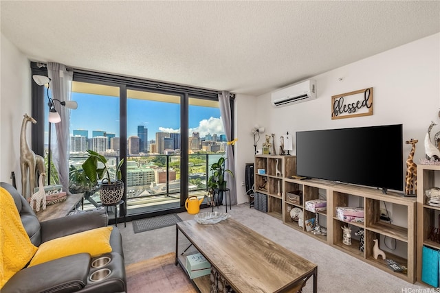615 Keawe St Unit 1905, Honolulu, HI 96813 - carpeted living room featuring floor to ceiling windows, a wall mounted air conditioner, and a textured ceiling