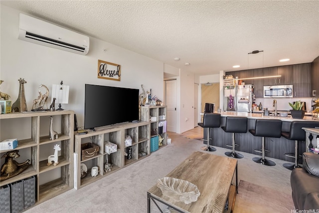 615 Keawe St Unit 1905, Honolulu, HI 96813 - living room with a wall mounted air conditioner, light colored carpet, a textured ceiling, and recessed lighting