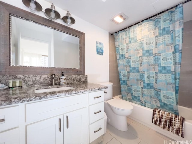 201 Ohua Ave Unit 1108, Honolulu, HI 96815 - bathroom featuring tile patterned floors, shower / bathtub combination with curtain, visible vents, toilet, and vanity