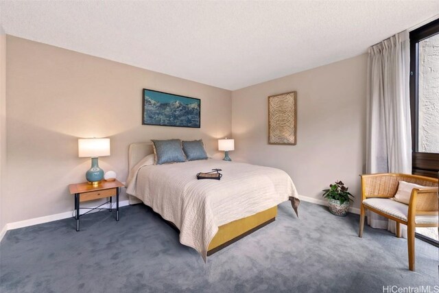 bedroom with carpet flooring, a textured ceiling, and baseboards