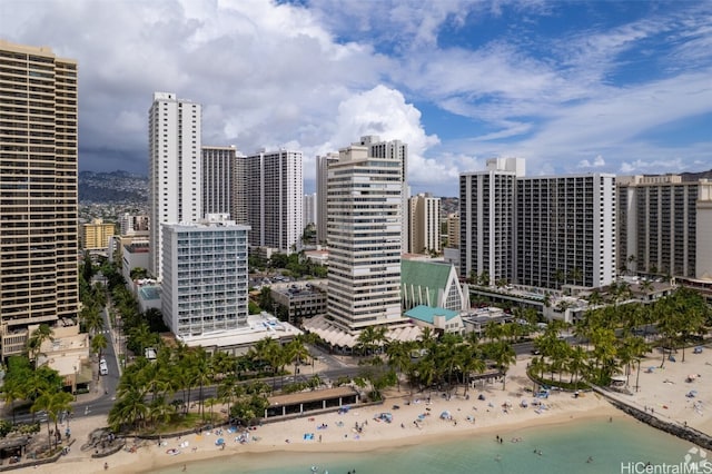 view of city featuring a water view and a beach view