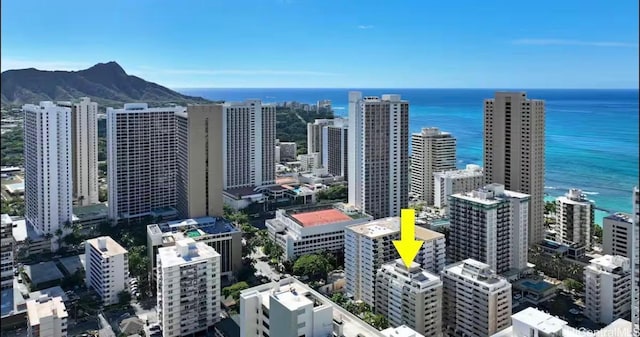 drone / aerial view featuring a view of city and a water view