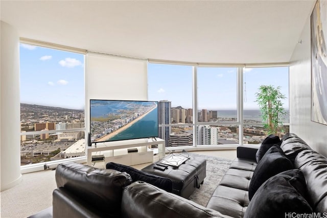 1288 Kapiolani Blvd Unit I-4203, Honolulu, HI 96814 - living area featuring carpet, a wall of windows, and plenty of natural light