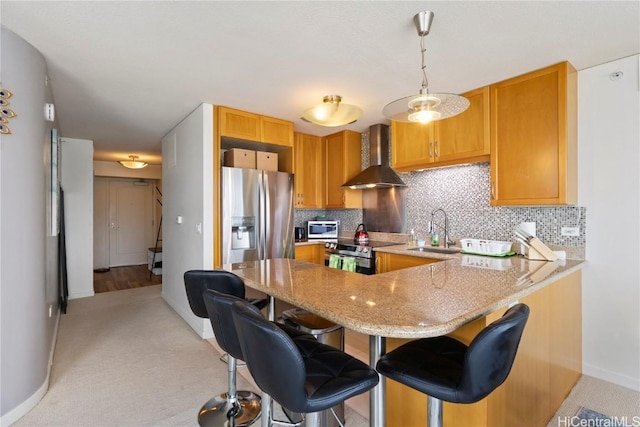 1288 Kapiolani Blvd Unit I-4203, Honolulu, HI 96814 - kitchen featuring decorative backsplash, a sink, stainless steel appliances, and wall chimney exhaust hood