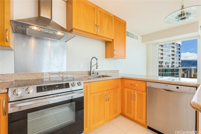 1288 Kapiolani Blvd Unit I-4203, Honolulu, HI 96814 - kitchen with wall chimney range hood, light countertops, a sink, and stainless steel appliances