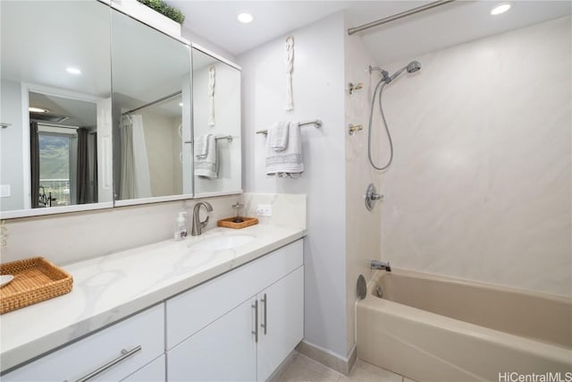 bathroom with tile patterned flooring, recessed lighting, shower / bath combination with curtain, and vanity